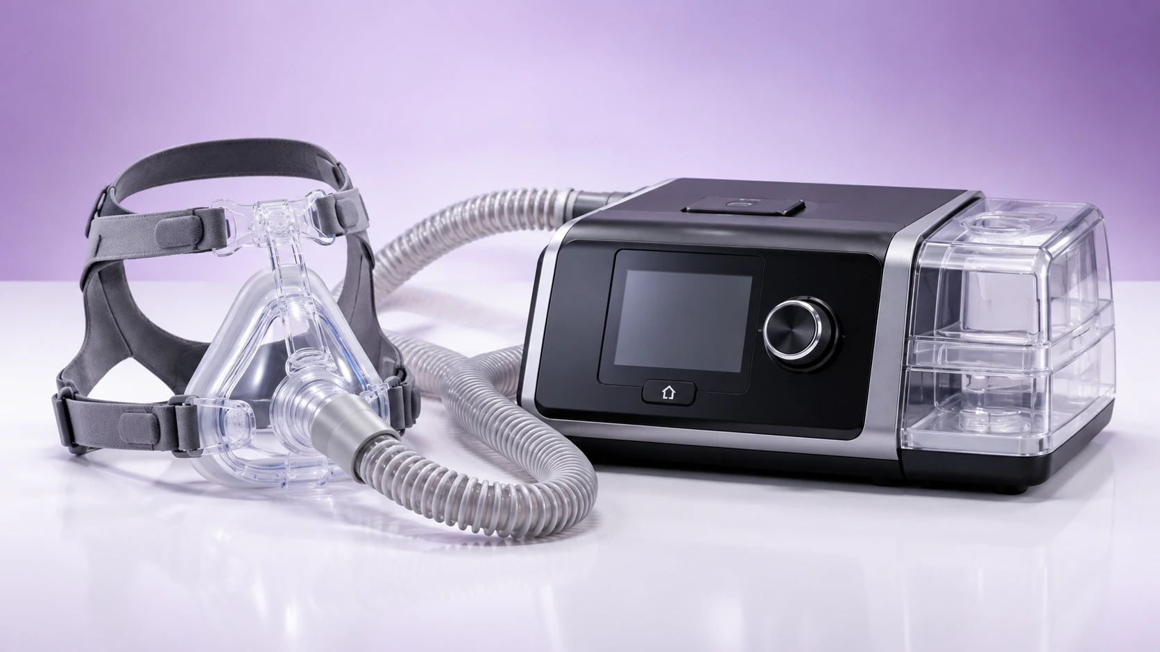 BiPAP machine with breathing tubing and compatible mask