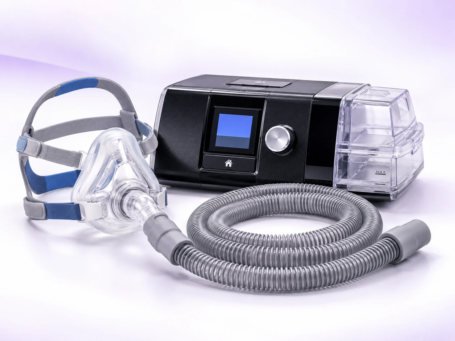 CPAP machine setup with humidifier chamber, tubing and compatible mask
