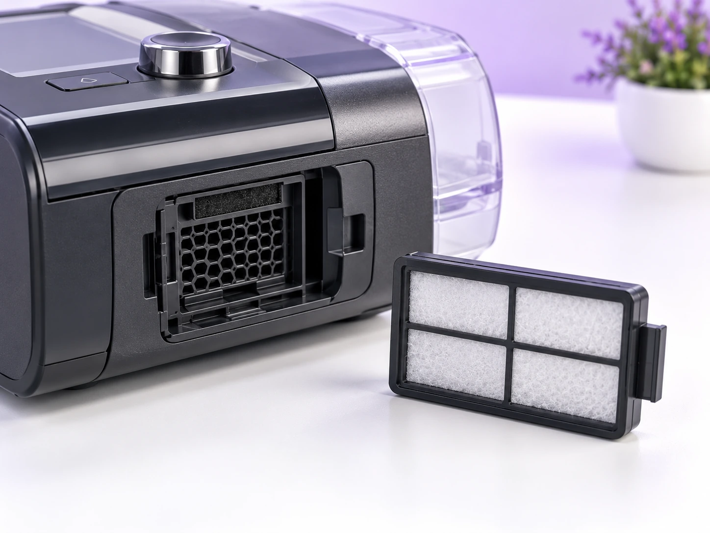 CPAP machine air filter shown beside its air intake