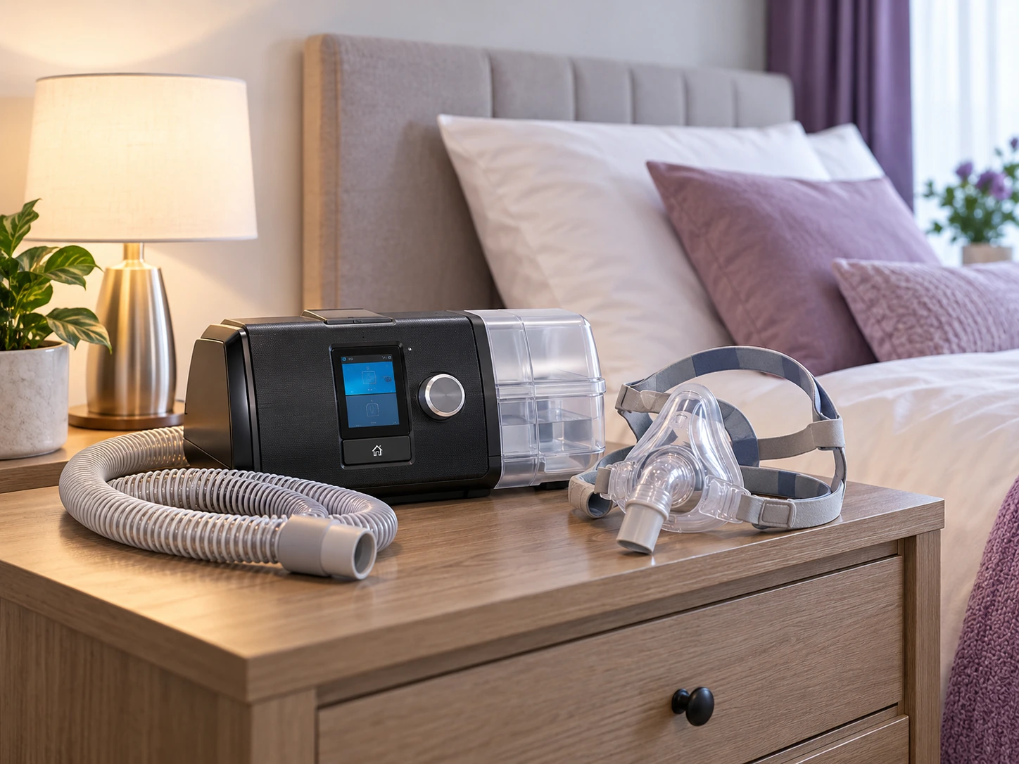 CPAP machine with humidifier and mask arranged on a bedside table for home therapy