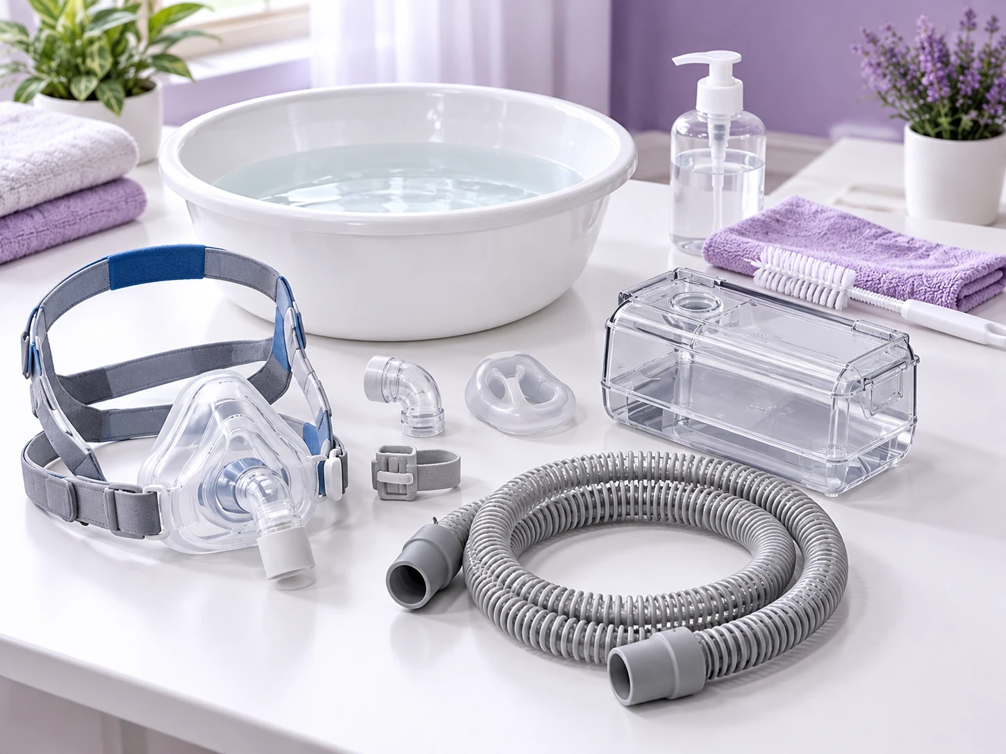 Washable CPAP mask components being gently cleaned in a basin