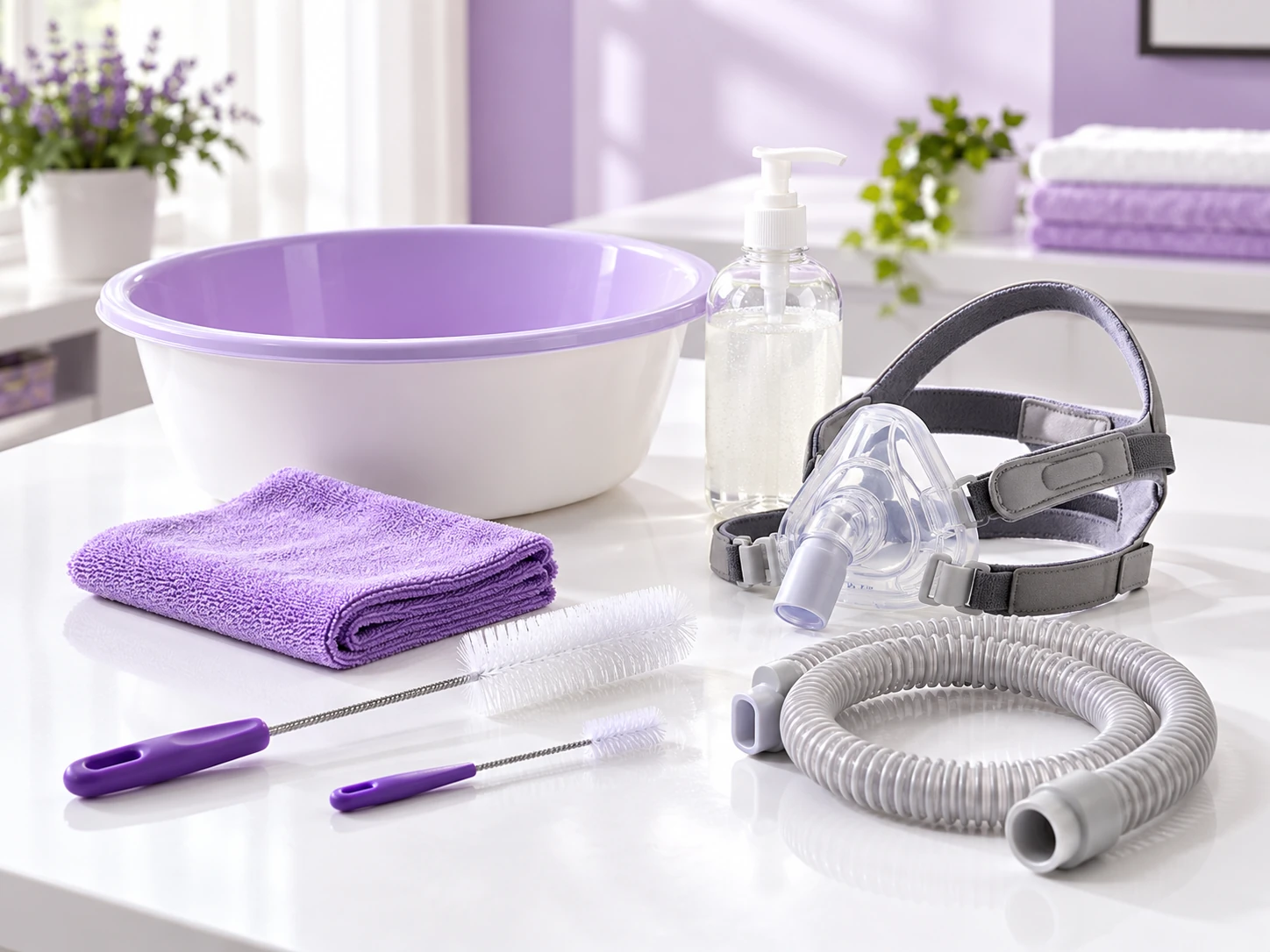 Mild soap, soft cloth and CPAP cleaning supplies arranged on a white table