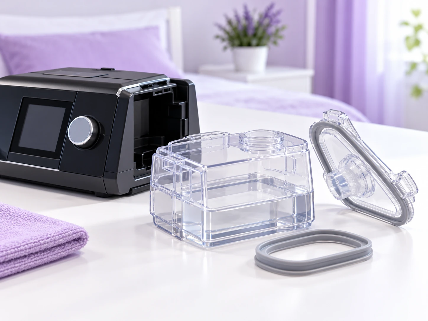 Clean CPAP humidifier water chamber on a white surface