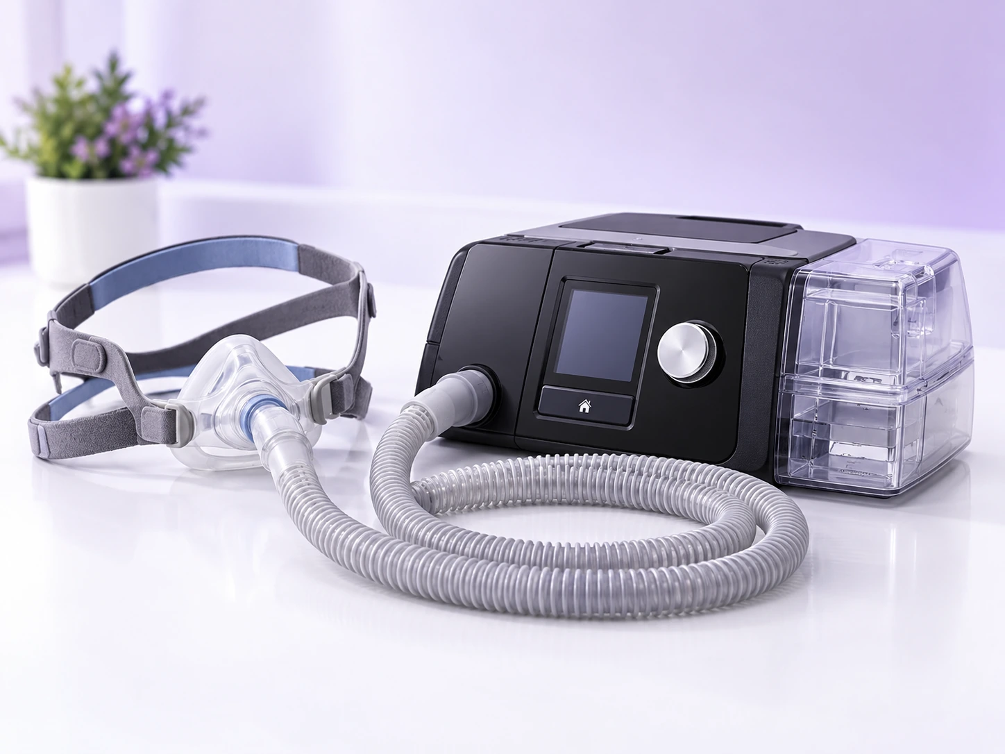 CPAP machine with connected tubing and mask displayed on a bedside table