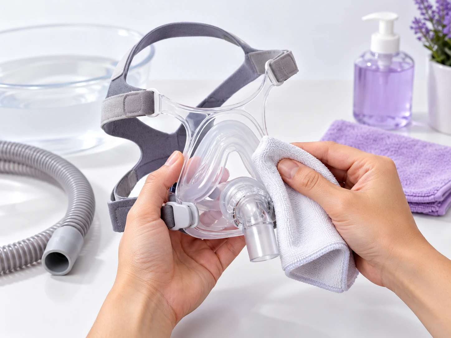 Person gently cleaning a CPAP mask cushion with a soft cloth