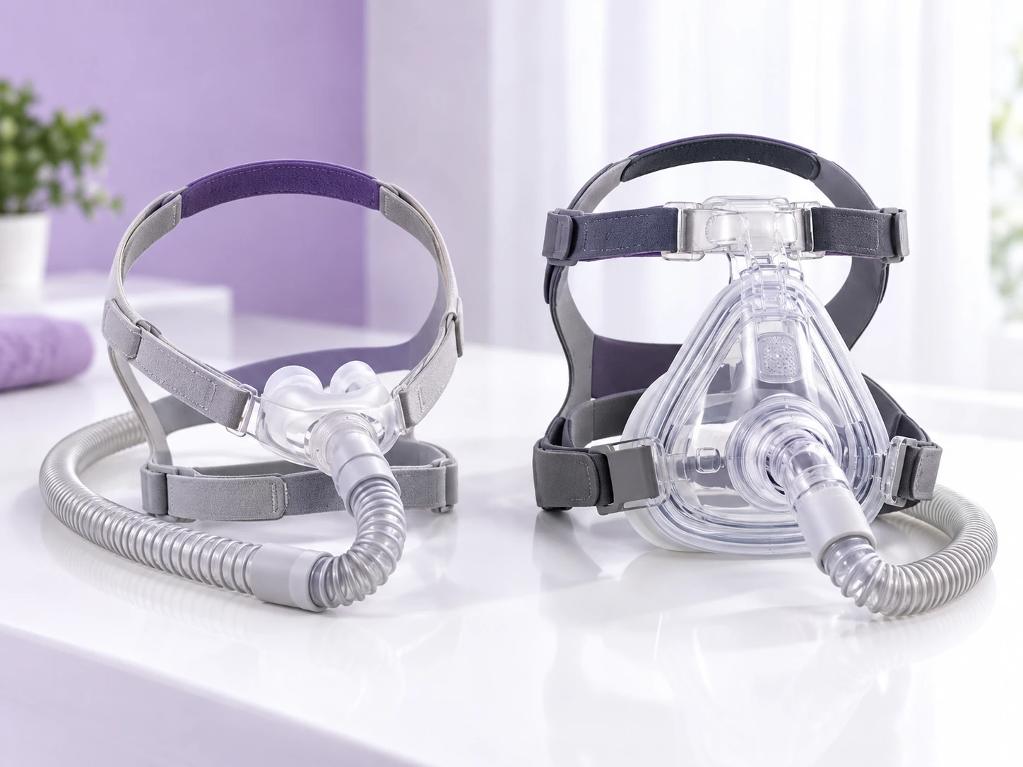 Nasal and full-face CPAP masks with breathing tubes displayed for patient education