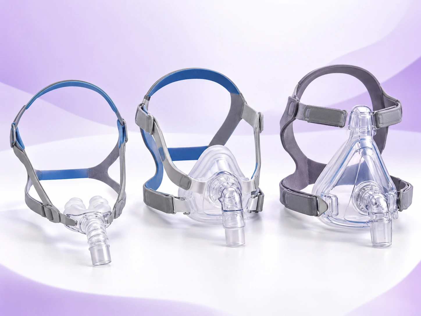 Nasal pillow CPAP mask, nasal mask and full-face CPAP mask with headgear
