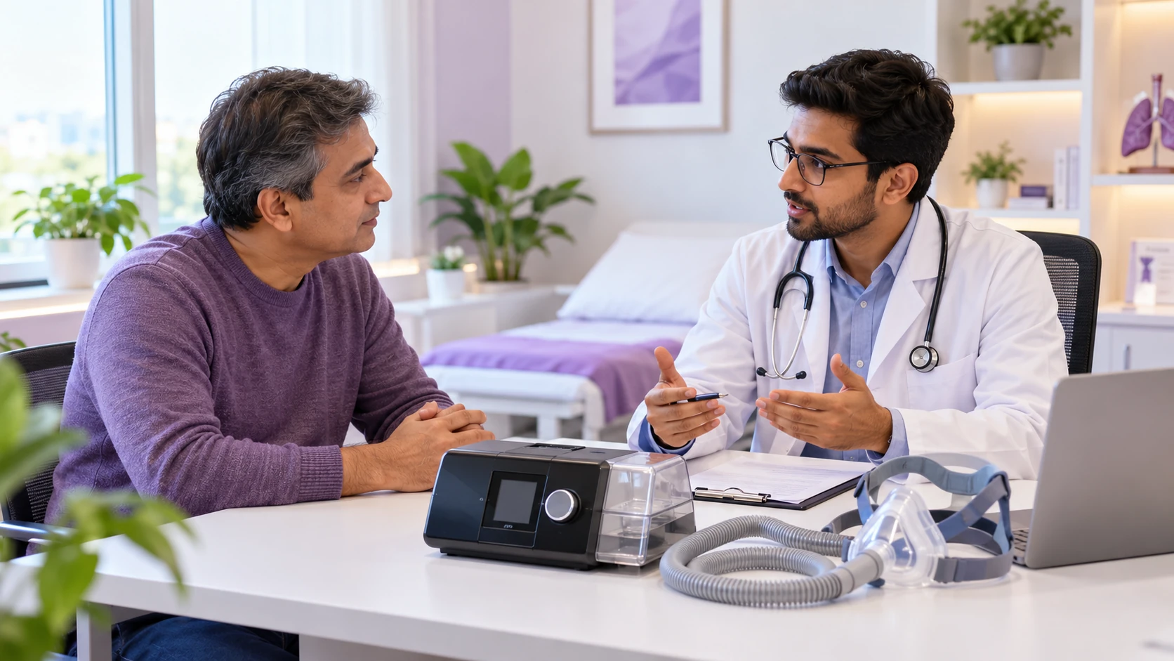 Patient discussing CPAP machine options with a sleep specialist in a modern clinical setting