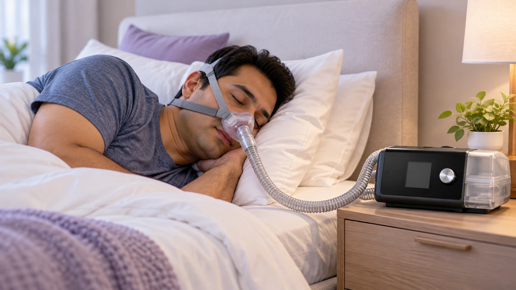 CPAP machine and mask arranged beside a bed