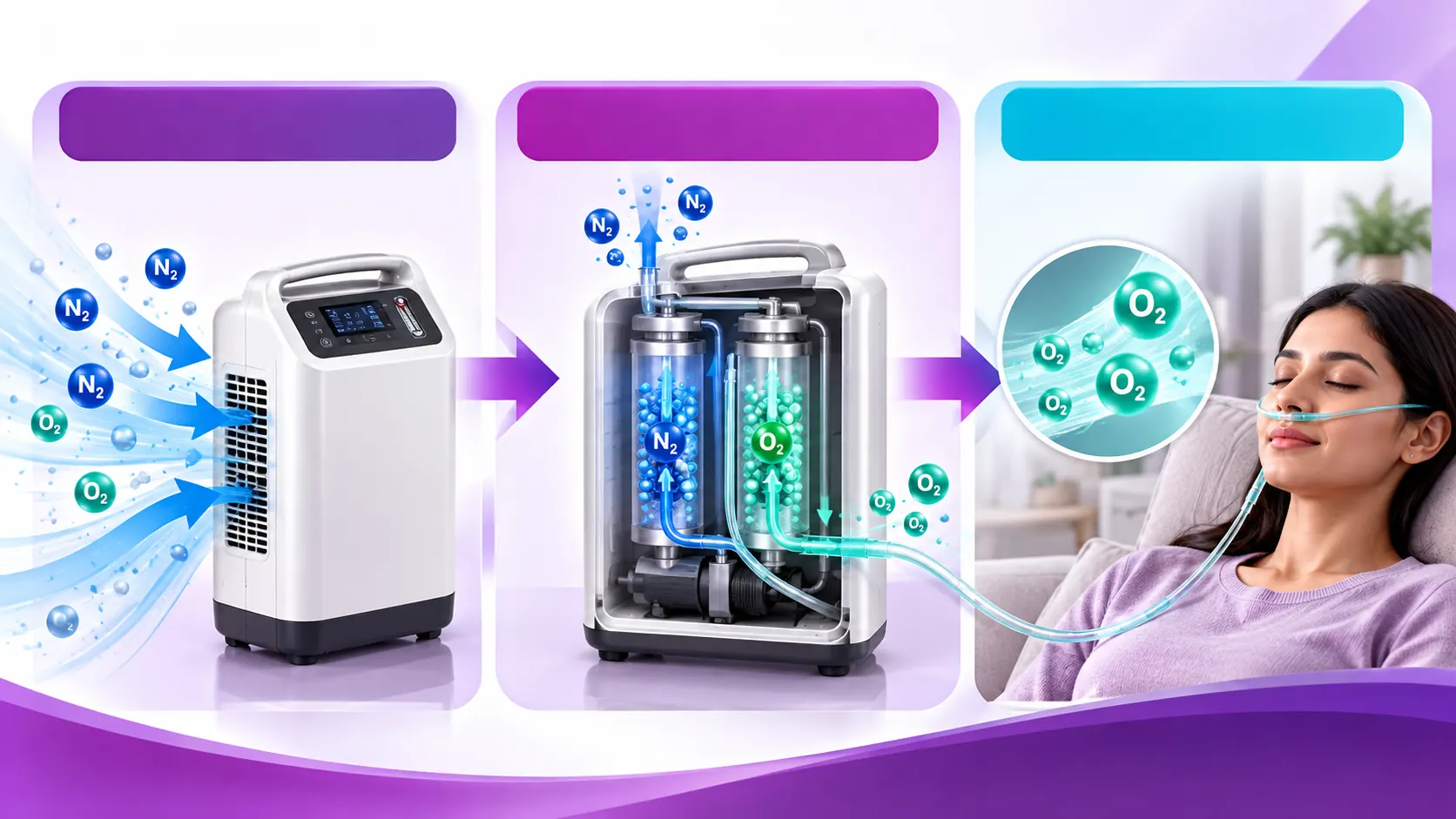 Illustration showing air intake nitrogen separation and oxygen delivery in a portable oxygen concentrator