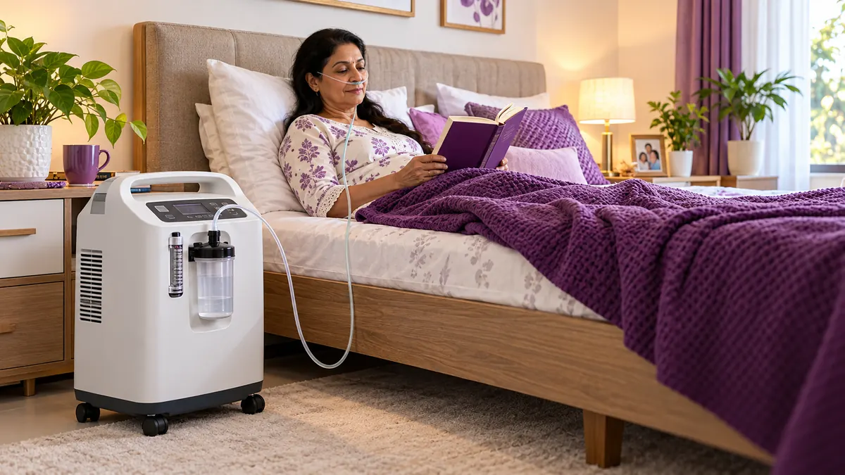 Stationary oxygen concentrator with neatly arranged tubing in a bright home bedroom