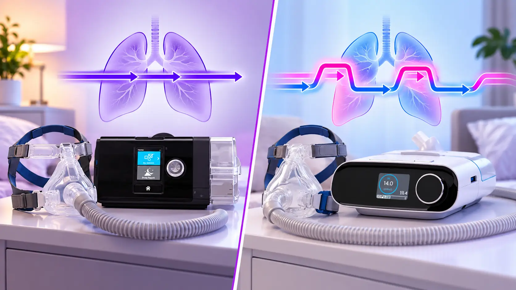 Educational illustration comparing CPAP continuous pressure with BiPAP inhalation and exhalation pressure