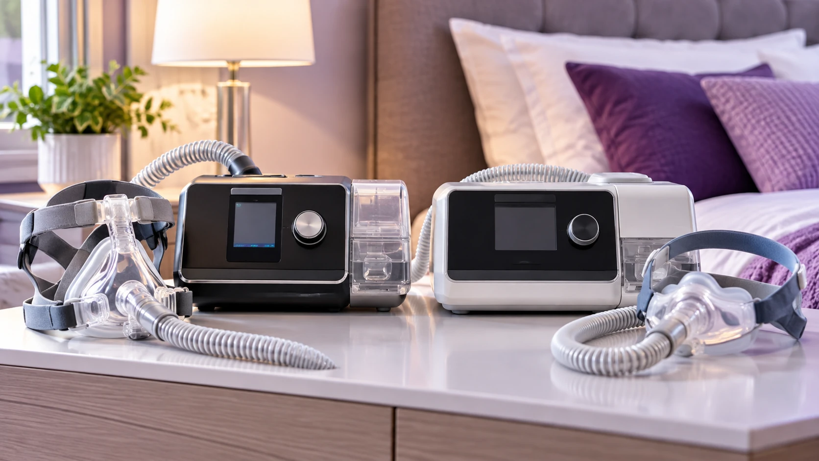 BiPAP and CPAP respiratory therapy machines with masks and tubing in a modern homecare setting