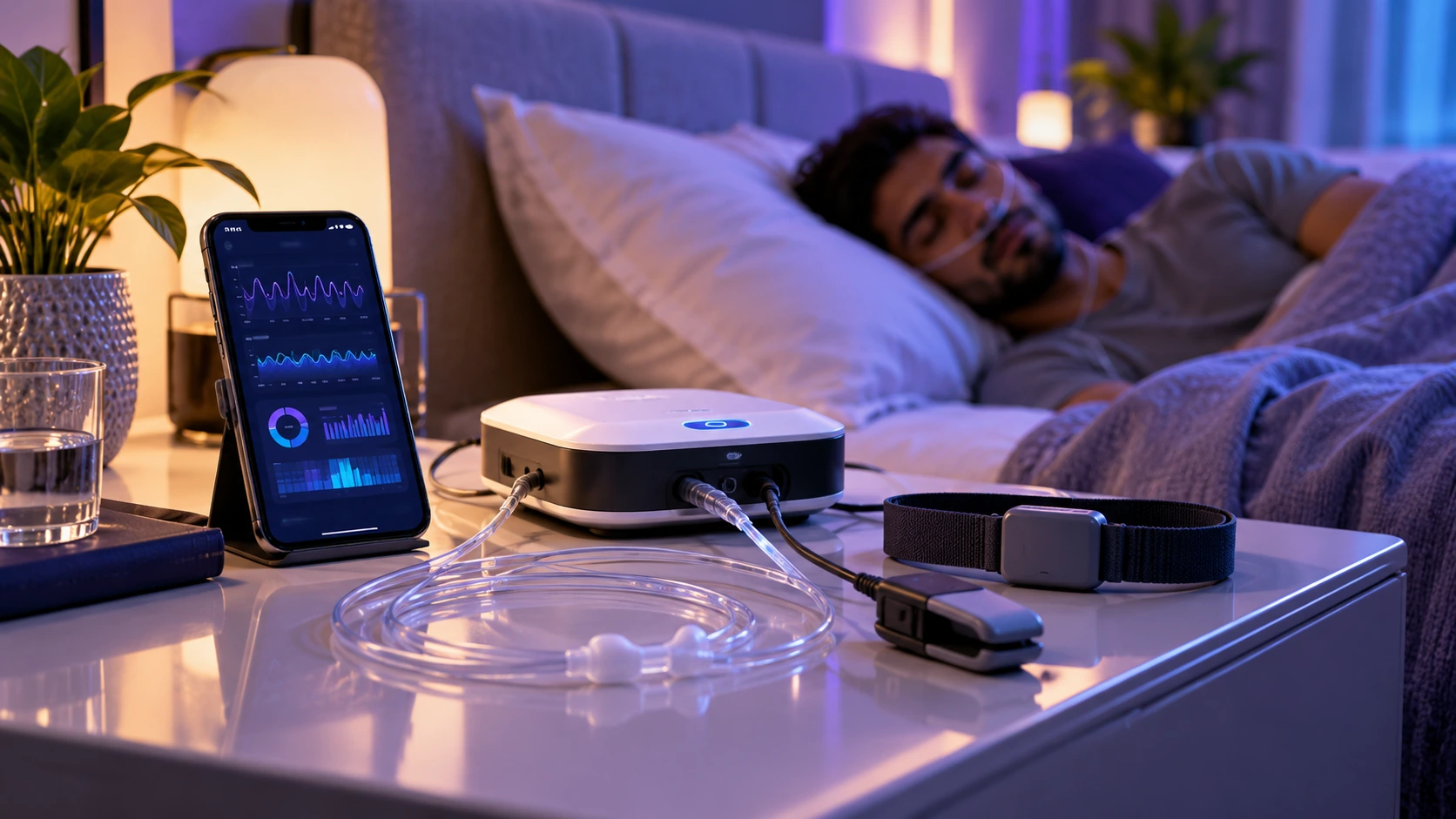 Modern connected portable sleep monitoring technology in a home bedroom
