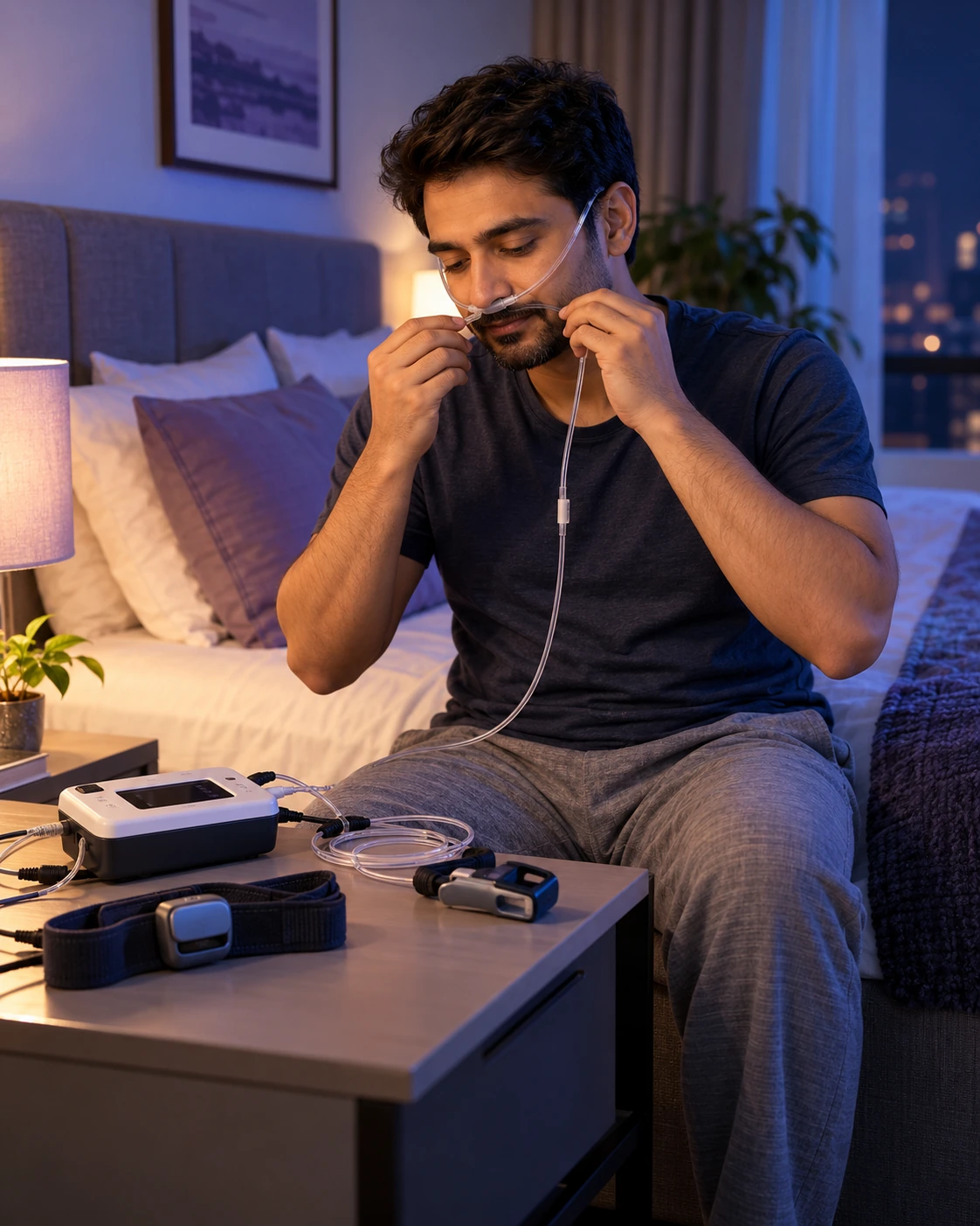 Person preparing home sleep study equipment before bedtime