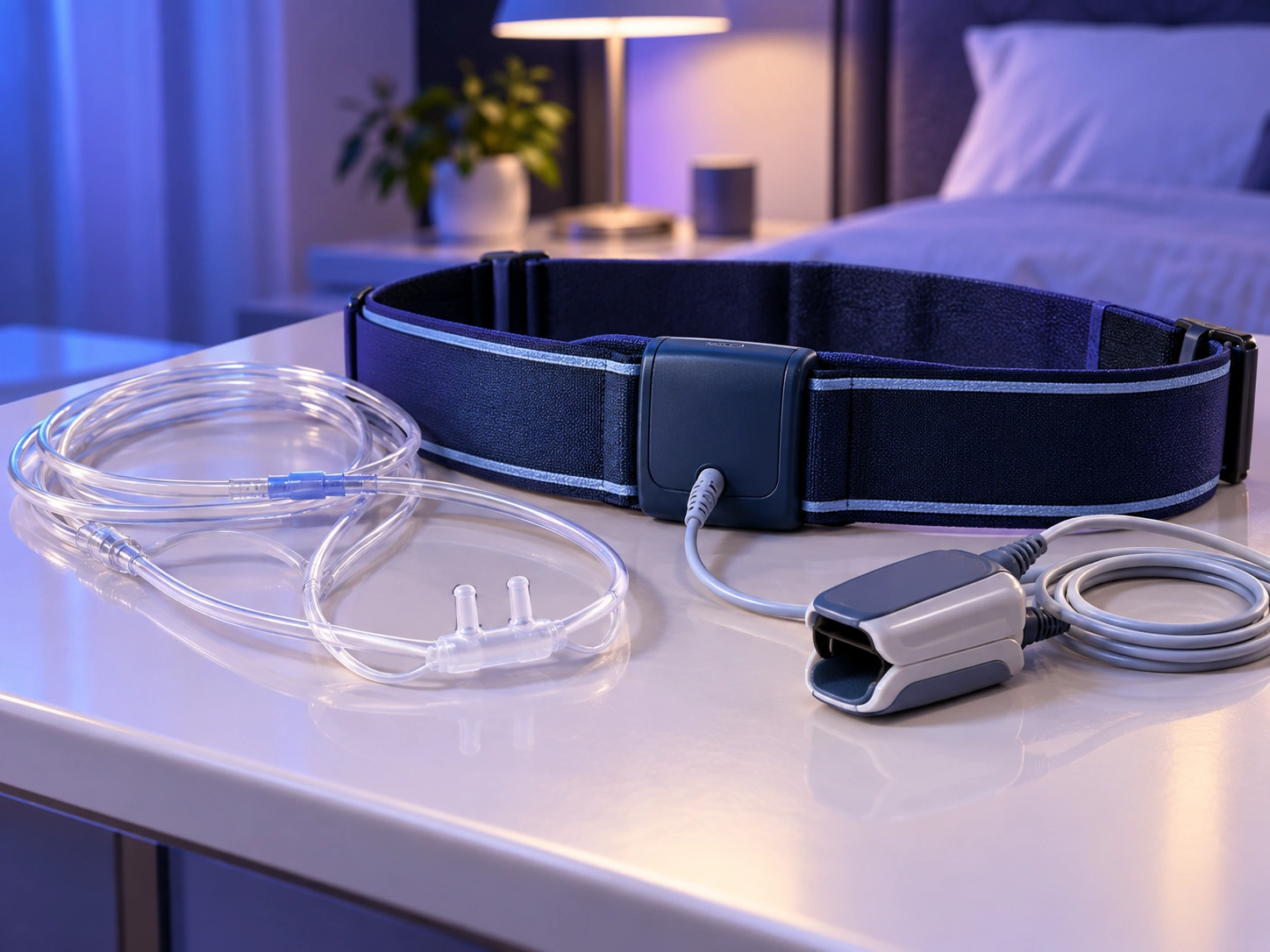 Close up of home sleep study sensors including nasal cannula effort belt and pulse oximeter