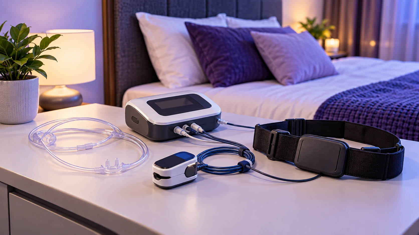 Home sleep study device and sensors arranged on a bedside table