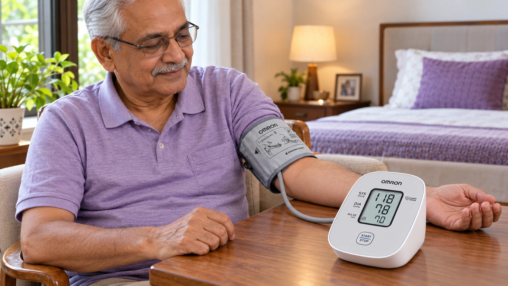 Elderly person using Omron HEM-7121 J blood pressure monitor at home