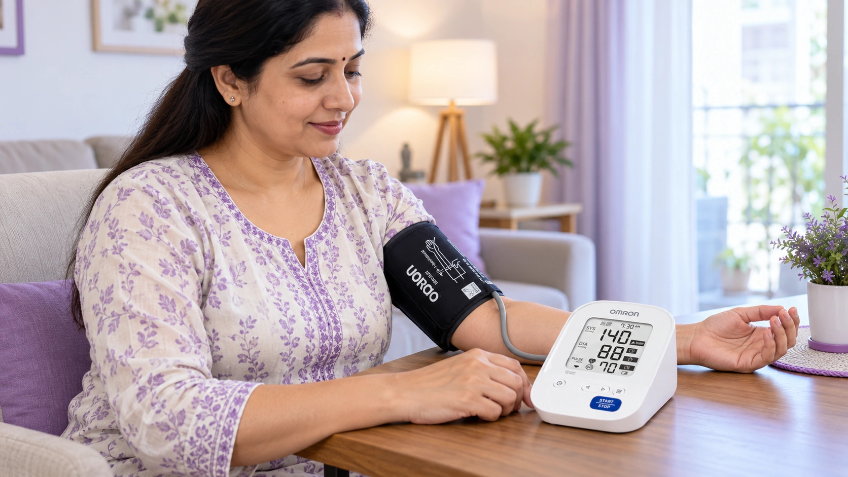 Indian adult using Omron HEM-7156 blood pressure monitor at home