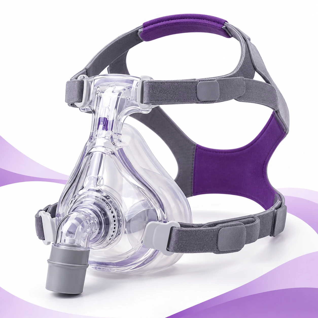 Full-face BiPAP mask with a silicone cushion covering the nose and mouth