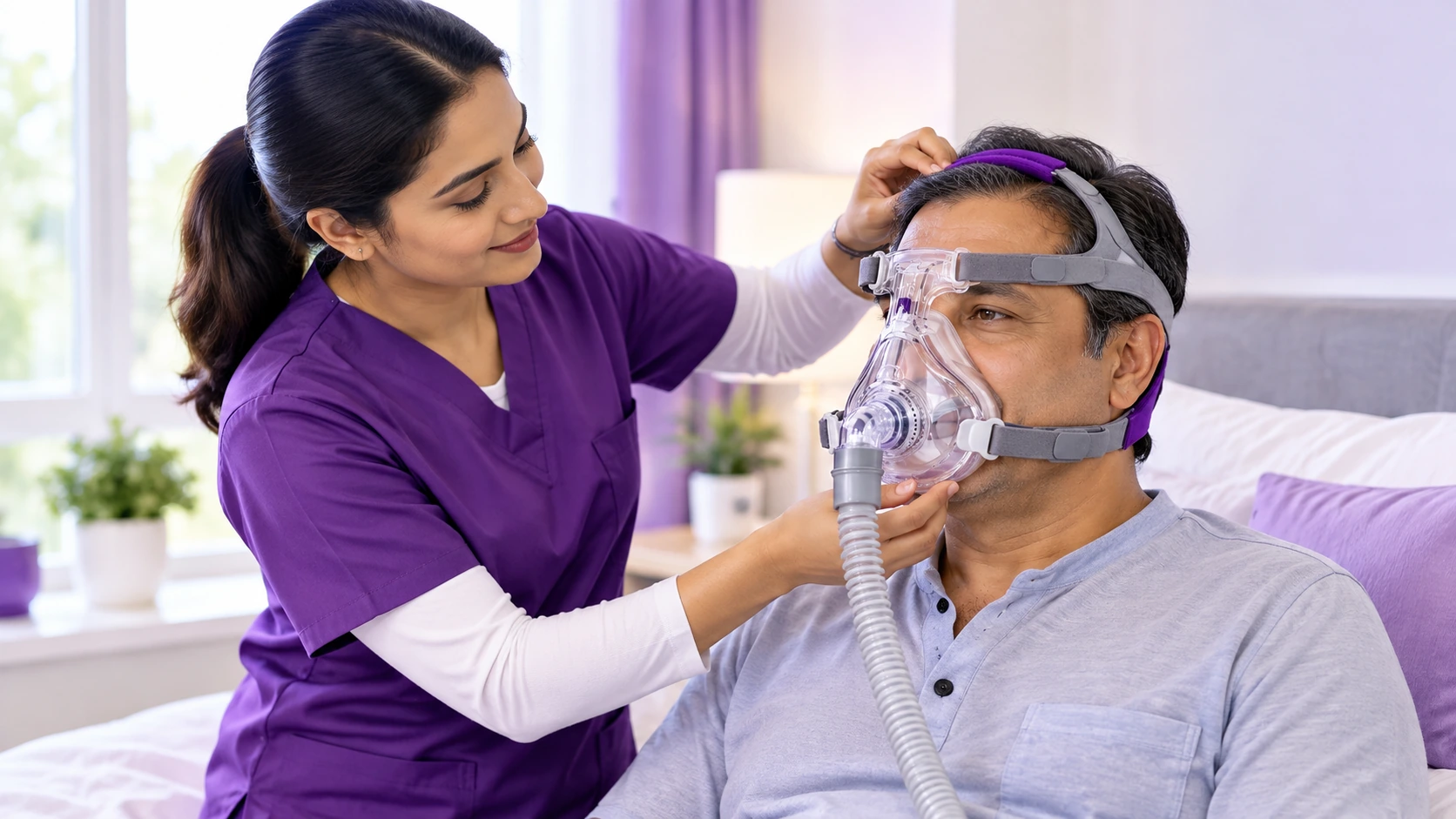 Properly fitted BiPAP mask and headgear for respiratory therapy