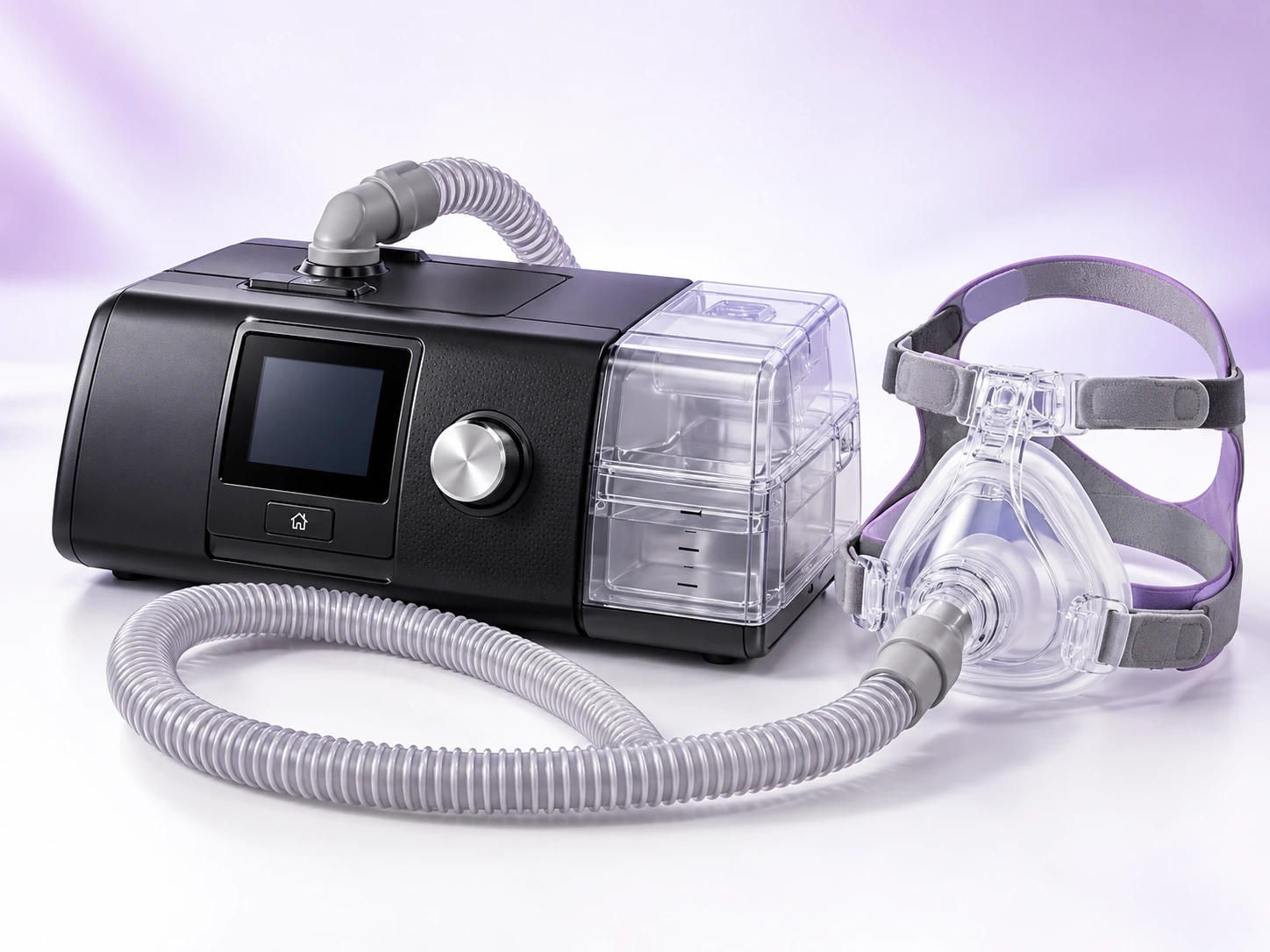 CPAP machine with humidifier, breathing tube and mask