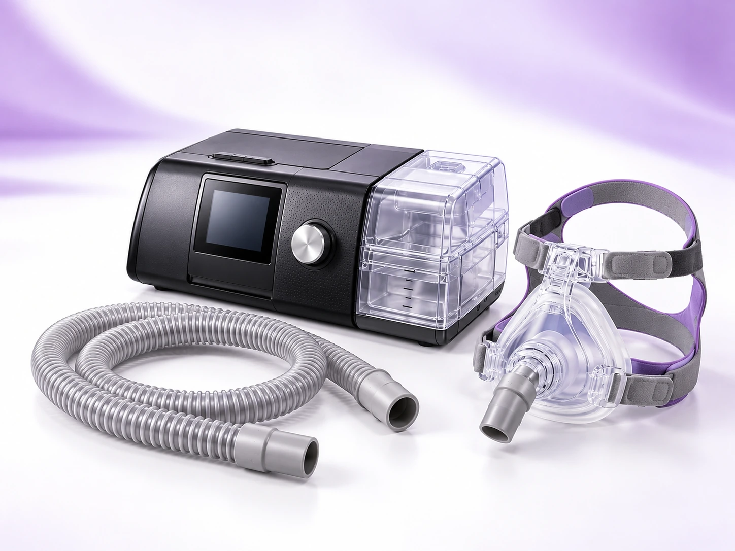 CPAP machine with mask and tubing on a clean bedside table