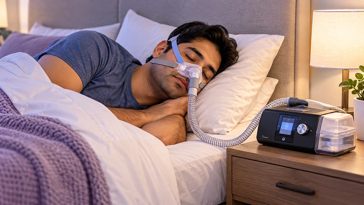 Adult sleeping with a CPAP mask in a peaceful bedroom
