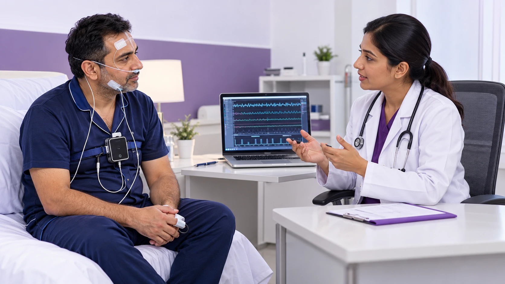 Patient discussing an overnight sleep study with a sleep specialist